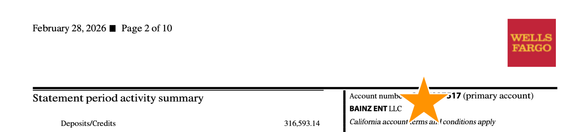 February 2026 Wells Fargo statement showing deposits